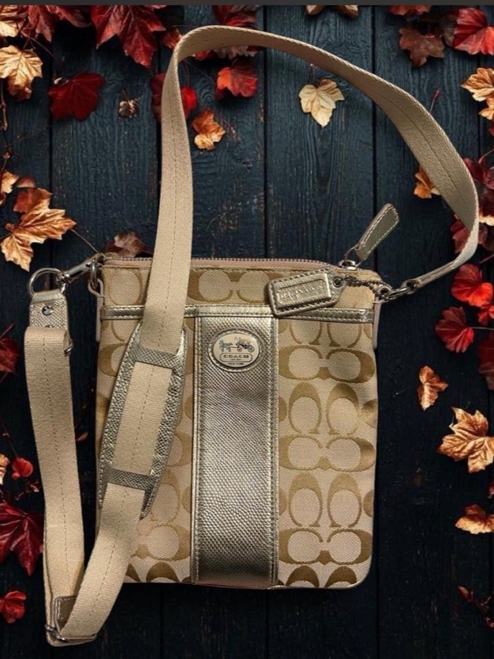 Coach Tan Signature Crossbody Bag with Metallic Gold Stripe